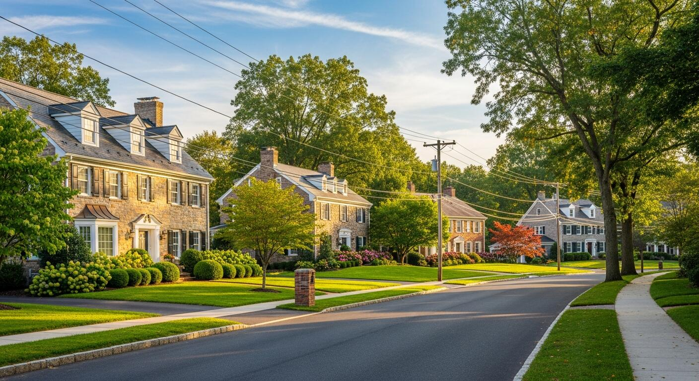 Neighborhood street in Exton, Pennsylvania with stone homes and tree-lined lawns