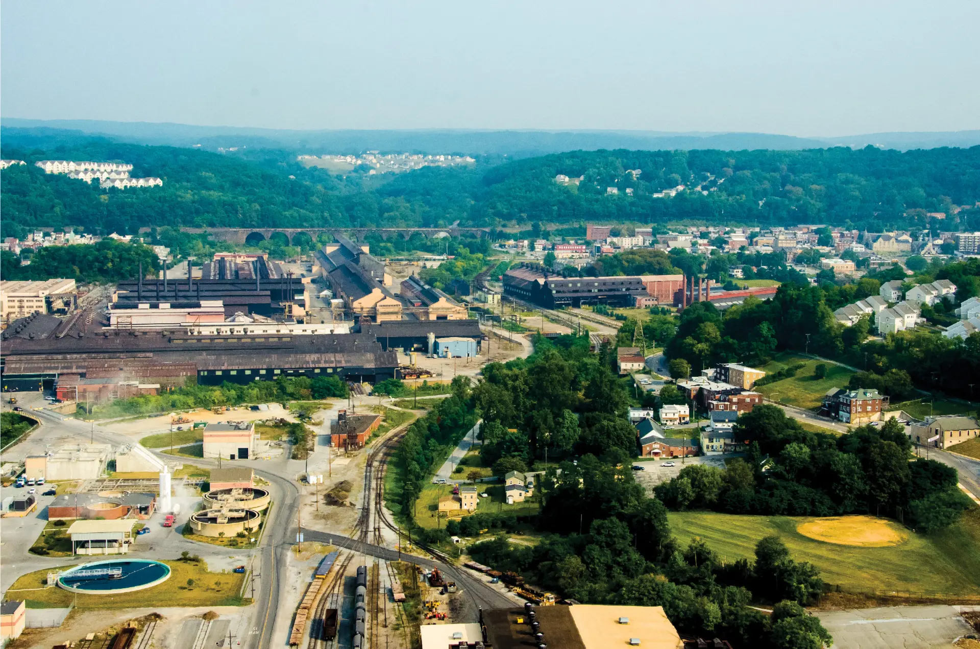 Aerial view of Coatesville, Pennsylvania with the steel works and downtown skyline